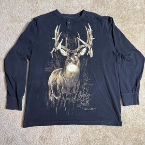 Legacy Falls Deer Graphic Henley Shirt Mens XL Black Hunting Long Sleeve
